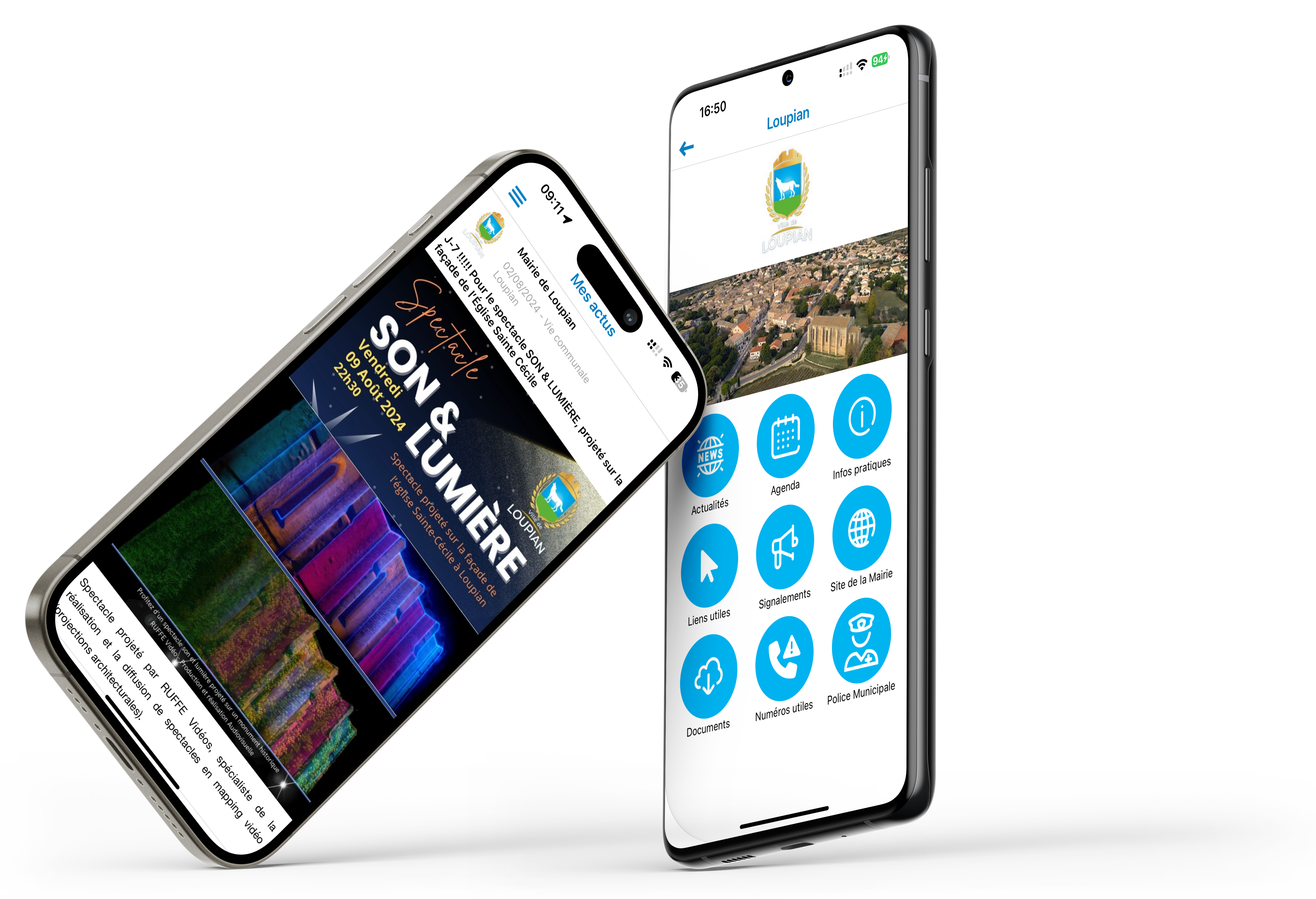 Mockup de deux téléphones iPhone et Samsung de notre application Comm'une Actu