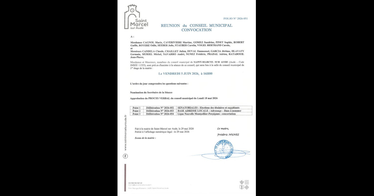 Saint-Marcel sur Aude | Mairie de Saint-Marcel sur Aude > CONSEIL MUNICIPAL : VENDREDI 5 JUIN 2026. SALLE DU CONSEIL 16h.
