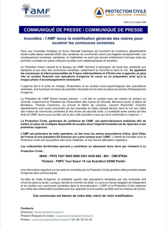 🔥 Solidarit&eacute; avec les communes sinistr&eacute;es par les incendies