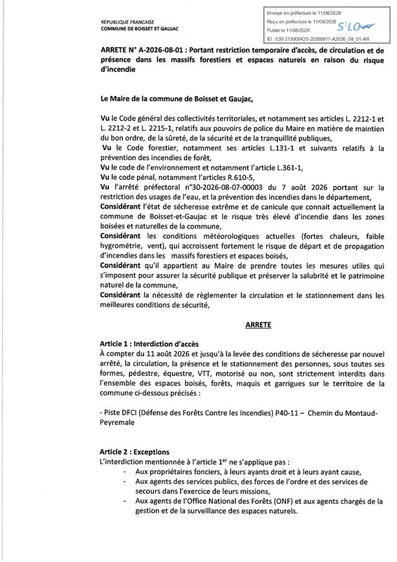 🔥 Restriction temporaire d'acc&egrave;s massifs et espace naturel  pour risque d'incendie