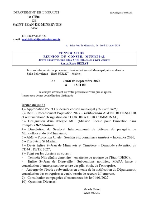 REUNION CONSEIL MUNICIPAL 03/09/2026 &agrave; 18H00