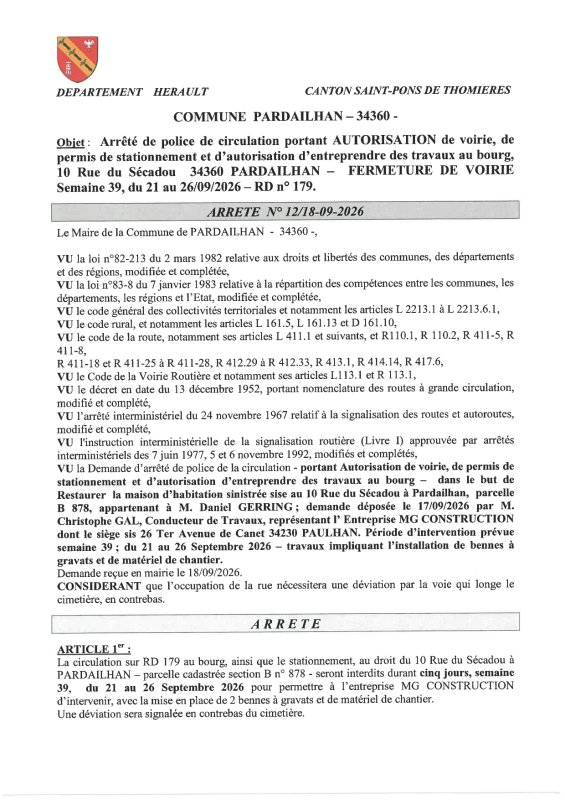RD 179 - INTERDICTION DE CIRCULATION ET STATIONNEMENT - SEMAINE 39
