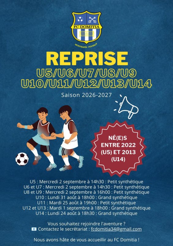 Les dates de reprise des &eacute;quipes de jeunes du Football Club Domitia