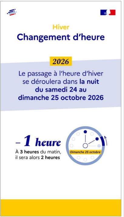 Passage &agrave; l'heure d'hiver dans la nuit du samedi 24 au dimanche 25 octobre 2026