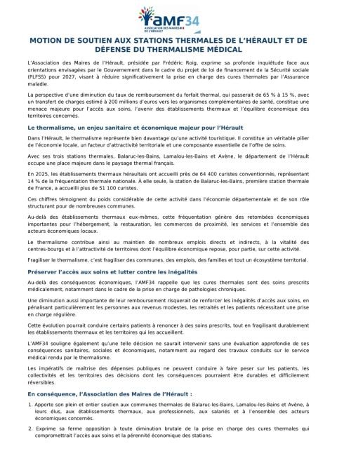 🤝 L&rsquo;AMF34 se mobilise pour d&eacute;fendre le thermalisme m&eacute;dical et nos territoires !