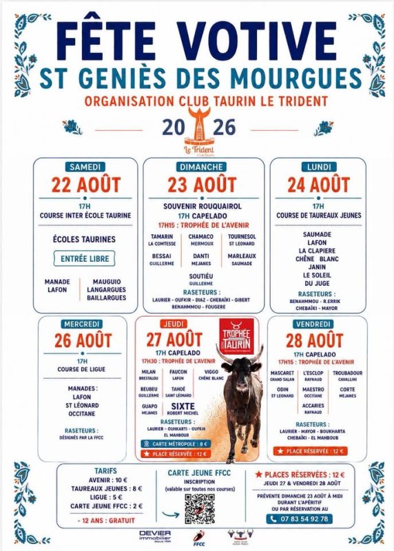 🎉Voici le programme complet des courses camarguaises 2026 organis&eacute;es par le club taurin le trident.
