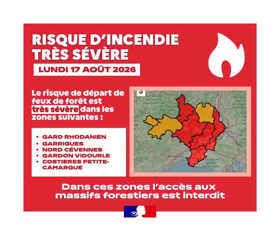 RISQUE D'INCENDIE TRES SEVERE LUNDI 17 AOUT 2026