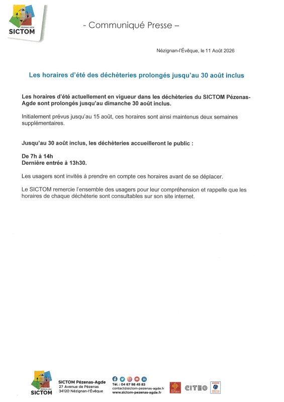 SICTOM - Communiqu&eacute; Horaires des d&eacute;ch&egrave;teries -