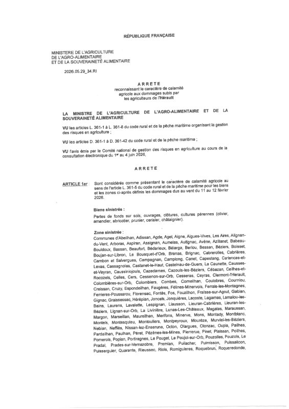 Arr&ecirc;t&eacute; minist&eacute;riel du 16 juin 2026 portant reconnaissance du caract&egrave;re de calamit&eacute; agricole aux dommages subis par les agriculteurs de l&rsquo;H&eacute;rault