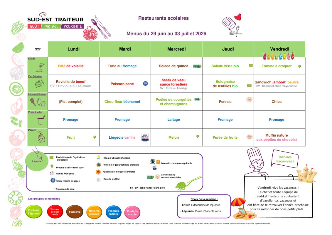 MENU RESTAURANT SCOLAIRE DU 29 JUIN AU 3 JUILLET