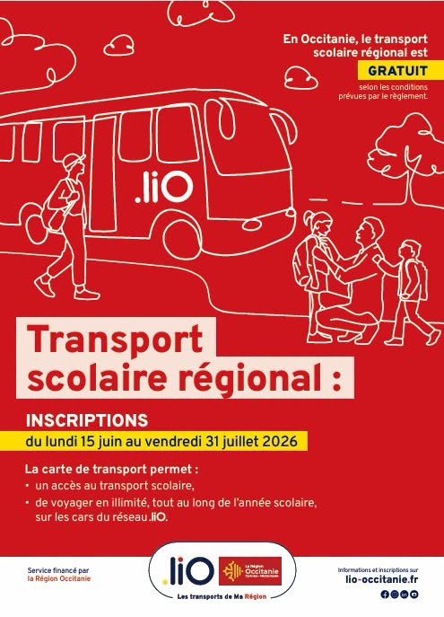 TRANSPORTS SCOLAIRES R&Eacute;GIONAUX 2026-2027. INSCRIPTIONS DU 15 JUIN AU 31 JUILLET.