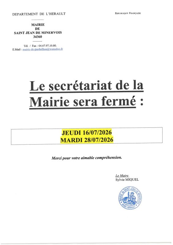 SECRETARIAT MAIRIE FERME 16/07 ET 28/07/2026
