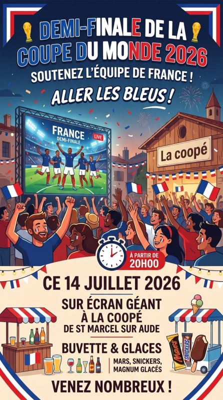 DIFFUSION DEMI-FINALE DE LA COUPE DU MONDE. COOP&Eacute; MARDI 14 JUILLET.