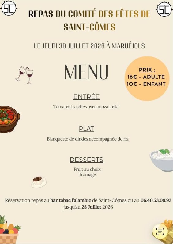 Repas du Comit&eacute; des F&ecirc;tes le jeudi 30 juillet 2026 &agrave; Maru&eacute;jols 🍴