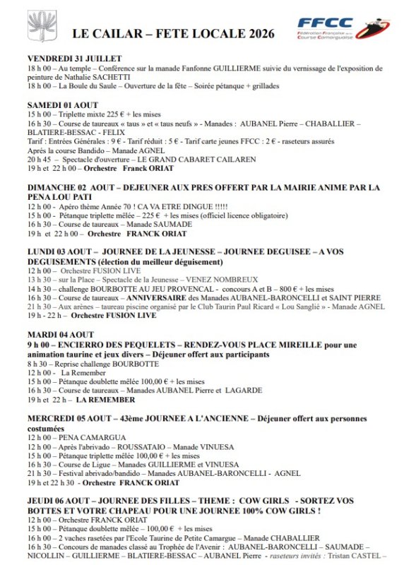 🥳PROGRAMME F&Ecirc;TE VOTIVE LE CAILAR 2026🎉