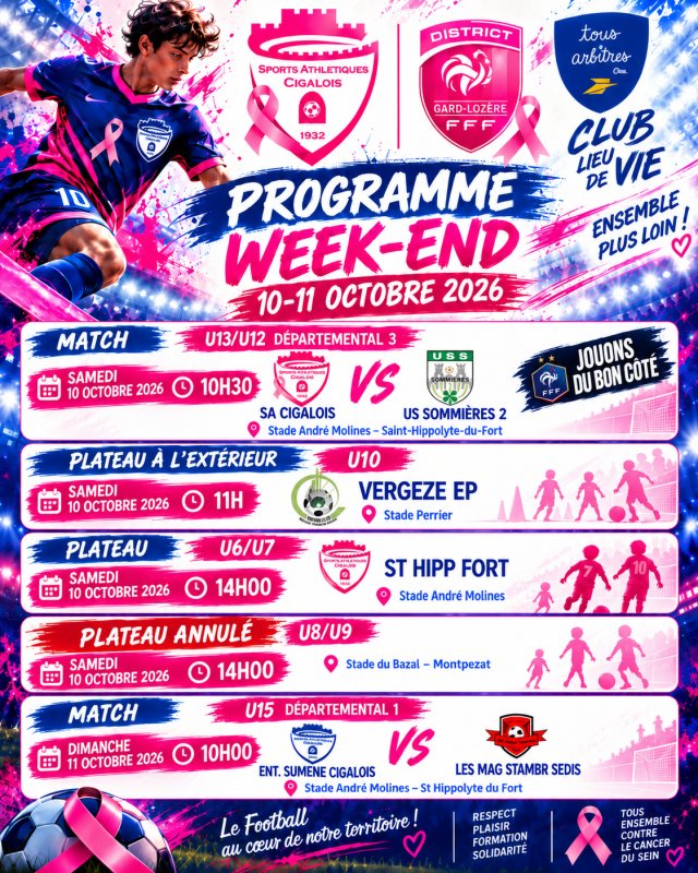 FOOT⚽ PROGRAMME DU WEEK-END 10/11 OCTOBRE 26 &ndash; SA CIGALOIS 💙💗