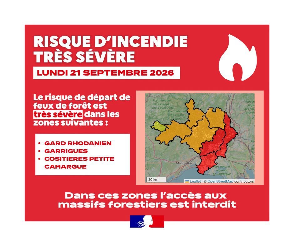 🔥 RISQUE DE FEUX DE FOR&Ecirc;T TR&Egrave;S S&Eacute;V&Egrave;RE lundi 21/09/26