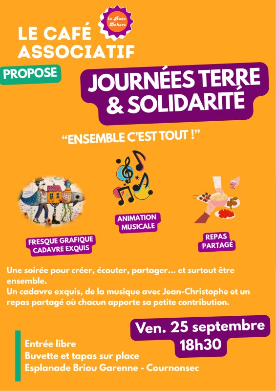 Terre et Solidarit&eacute;s &ndash; &Agrave; La Ru&eacute;e Dehors, vendredi 25 septembre : une soir&eacute;e cr&eacute;ative et musicale