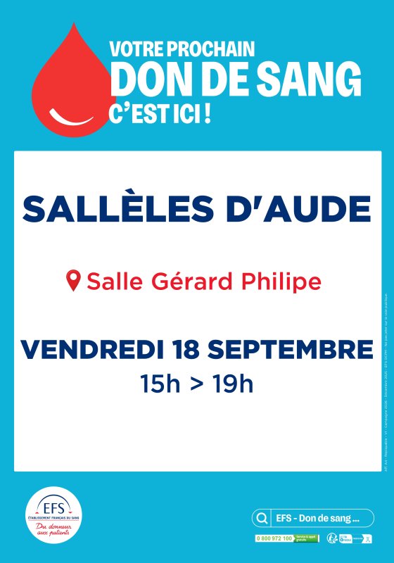 DON DE SANG : Salle G&eacute;rard Philipe &agrave; Sall&egrave;les d&rsquo;Aude, le vendredi 18 septembre de 15h &agrave; 19h