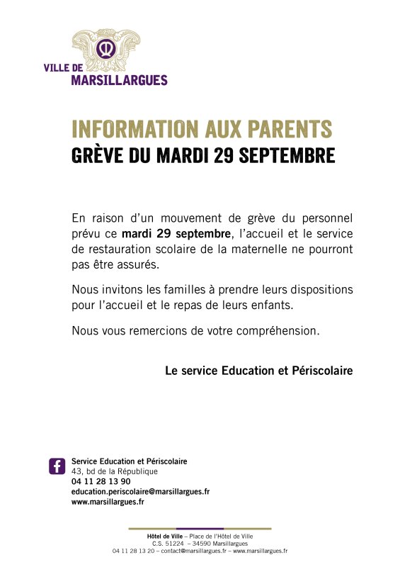 INFORMATION AUX PARENTS - Gr&egrave;ve du mardi 29 septembre