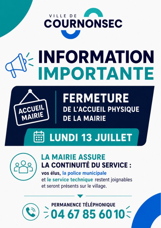 Fermeture exceptionnelle de l'accueil physique de la mairie &ndash; Lundi 13 juillet