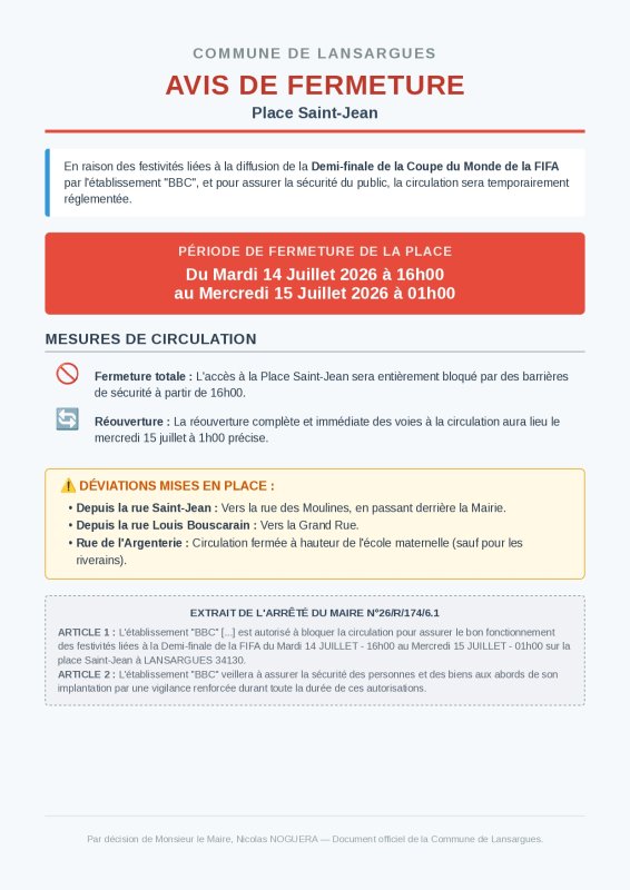 INFO CIRCULATION: Fermeture temporaire de la Place Saint-Jean pour la demi-finale de la Coupe du Monde