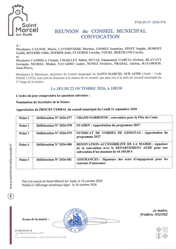 CONSEIL MUNICIPAL. JEUDI 22 OCTOBRE 2026. SALLE DU CONSEIL 18h30.