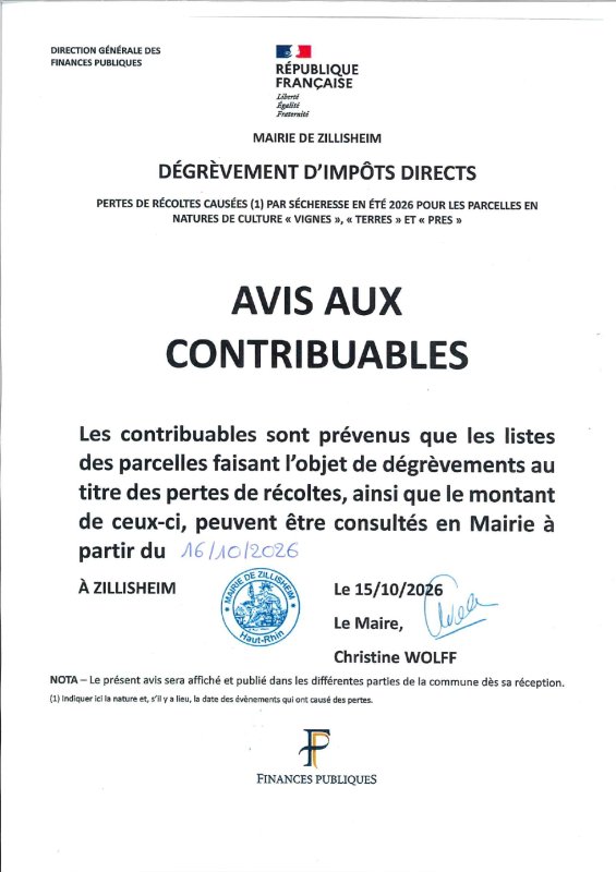 SECHERESSE 2026 DEGREVEMENT AVIS AUX CONTRIBUABLES