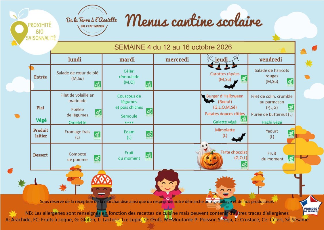 Menus restauration scolaire du 12 au 16 octobre 2026