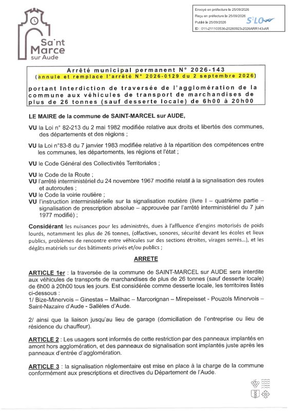 RESTRICTION DES POIDS LOURDS : ARRETE 2026-143