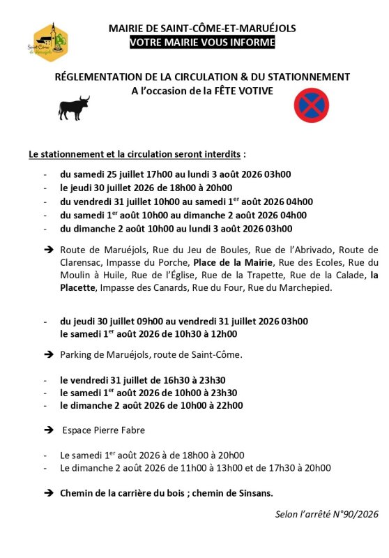 R&Eacute;GLEMENTATION DE LA CIRCULATION ET DU STATIONNEMENT PENDANT LA F&Ecirc;TE VOTIVE 2026 🐂