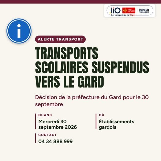⚠️ 🚧 Suspension des transports scolaires vers le Gard 🚧 ⚠️