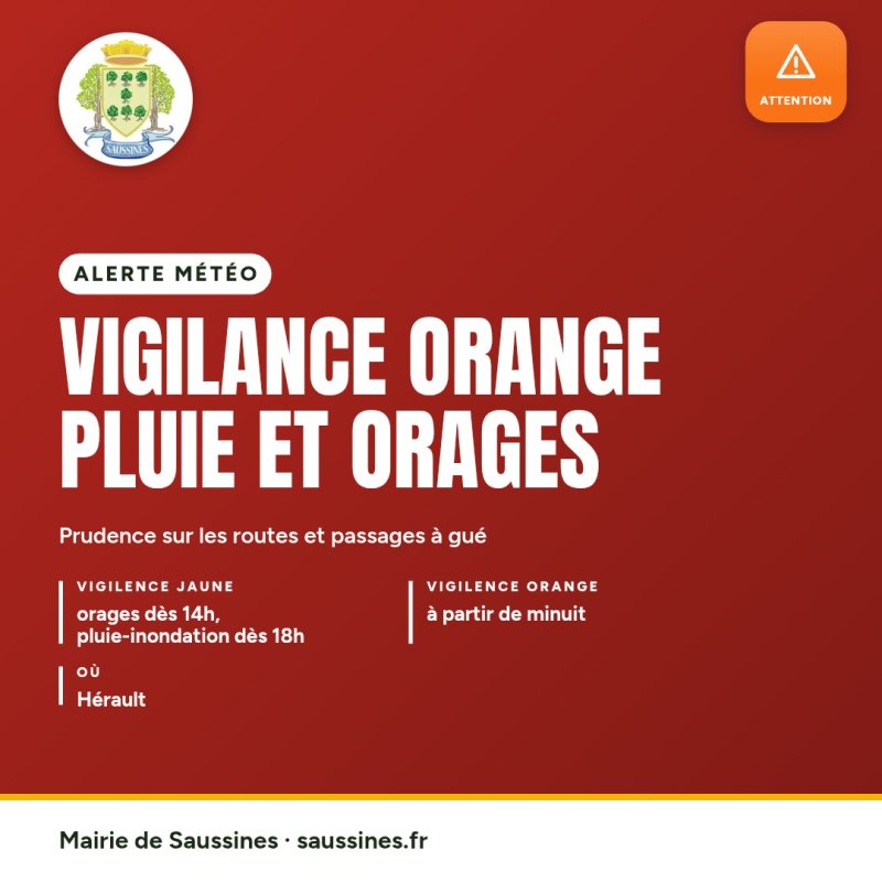 ⚠️🌧️ Vigilance orange pluie-inondation et orages en H&eacute;rault 🌩️⚠️