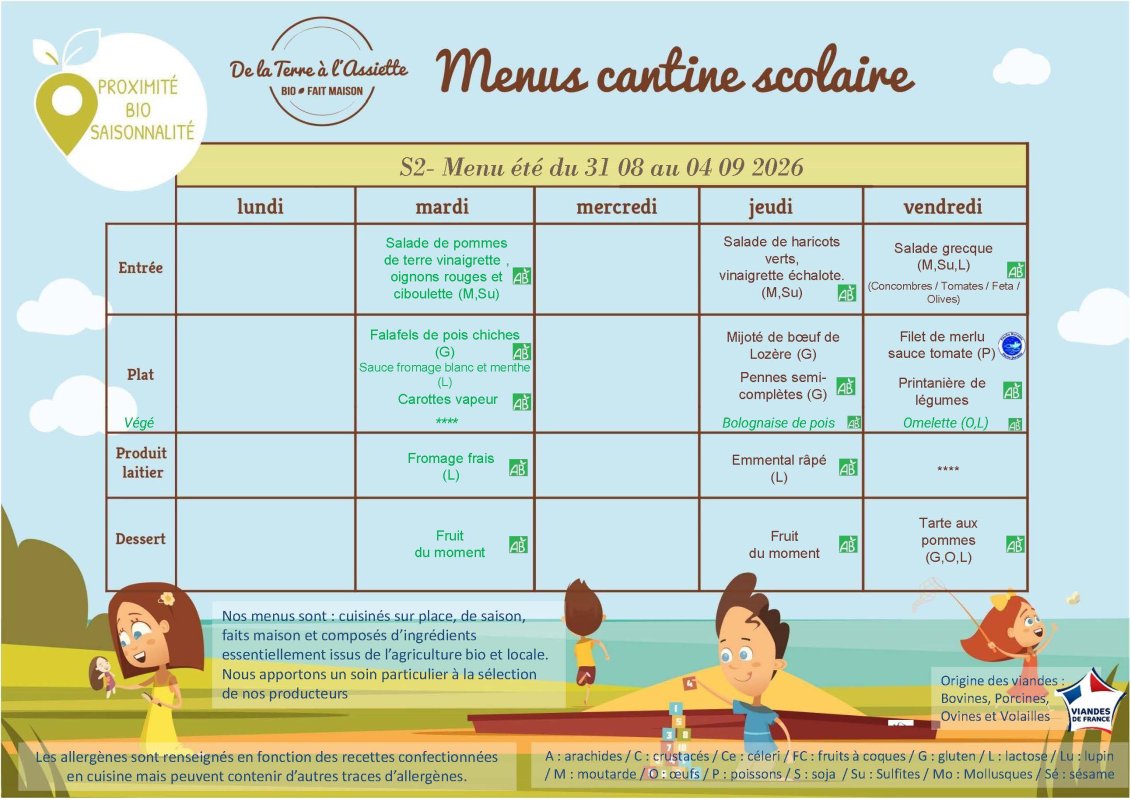 Menus restauration scolaire du 1er au 4 septembre 2026