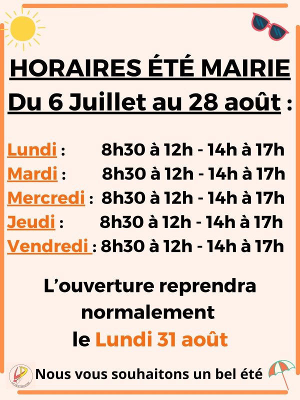 Horaires d'&eacute;t&eacute; de la Mairie