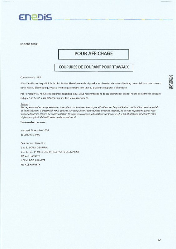 COUPURE D'ELECTRICITE LE 28 OCTOBRE DE 9H A 12H