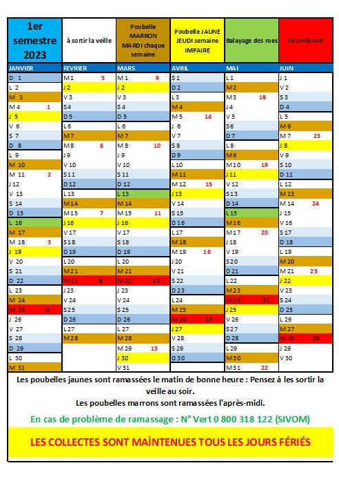 Calendrier de collecte des déchets 1er semestre 2023