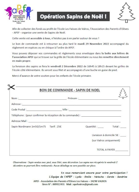 Vente de sapins par l'Association des Parents d'Elèves de l'Ecole Les Faïsses - Dernier délai le 29 novembre