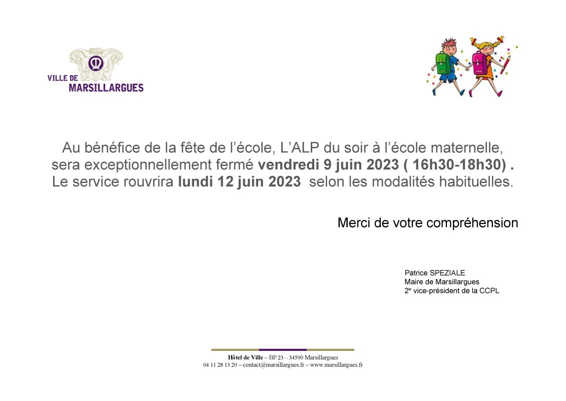 Fête de l'école maternelle fermeture ALP soir