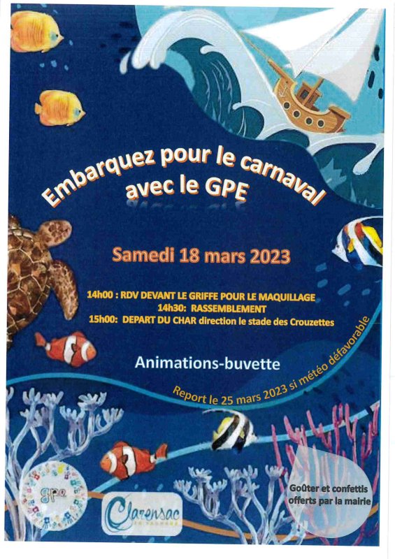 Samedi 18 mars à 14h00 Carnaval du GPE  Animations-Buvette