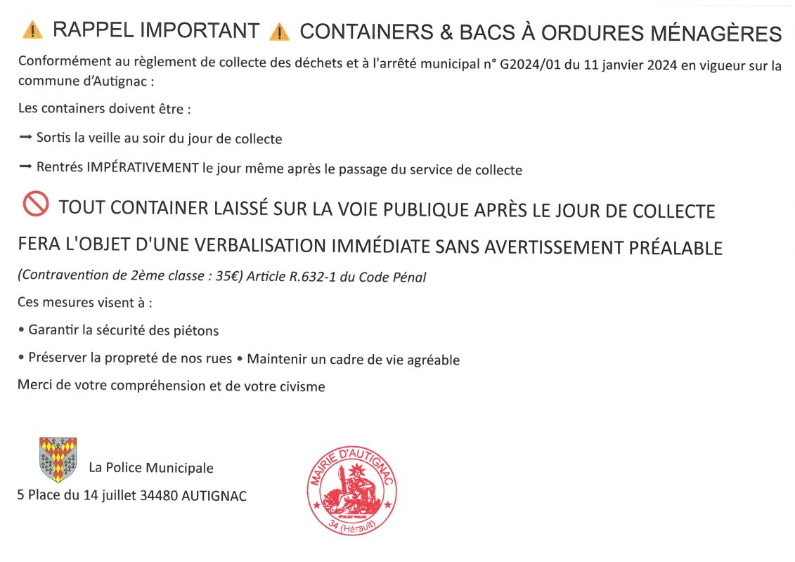 RAPPEL : CONTAINERS et BACS