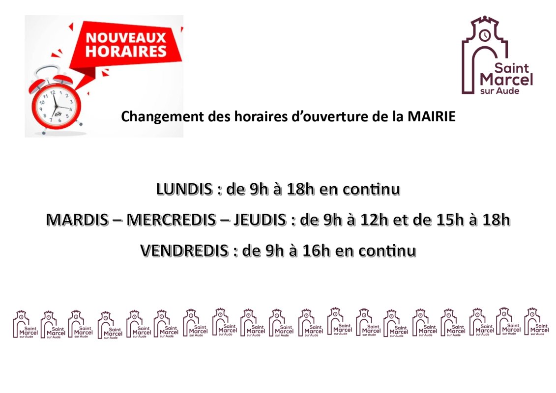 Changement des horaires d'ouverture de la  Mairie