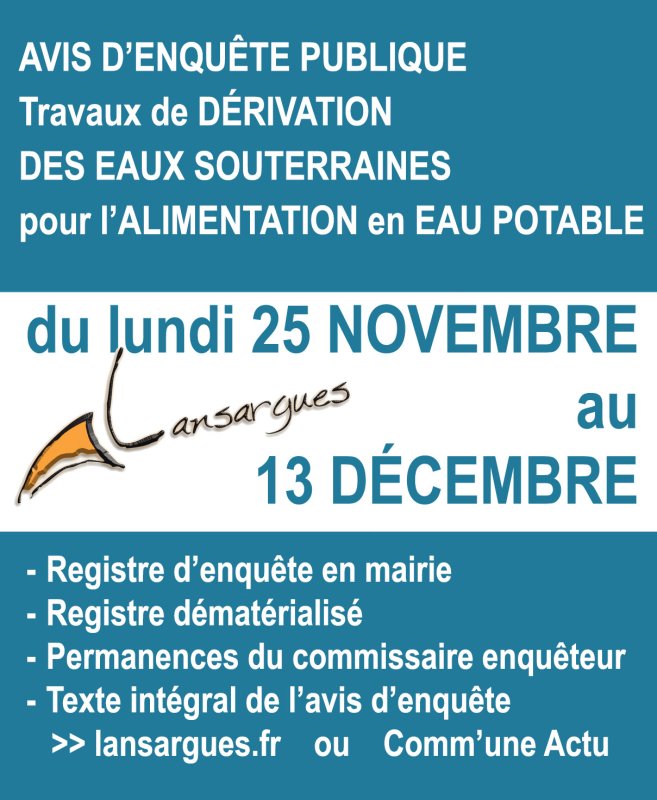 Avis d'enquête publique, 25 novembre au 13 décembre : alimentation en eau potable