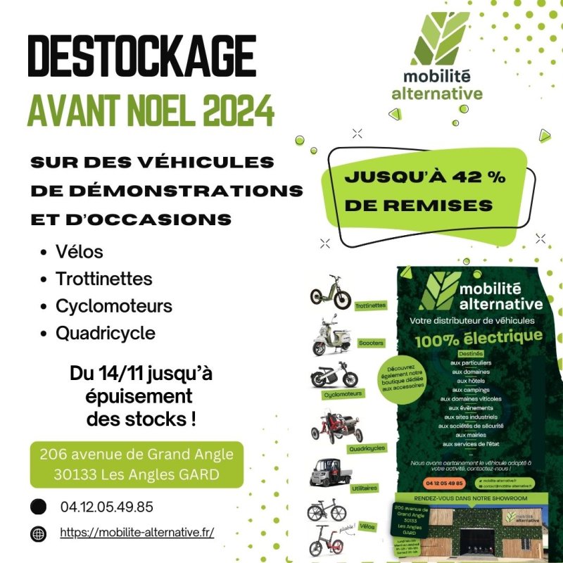 MOBILITE ALTERNATIVE; Véhicules 100% électriques. DESTOCKAGE avant Noël