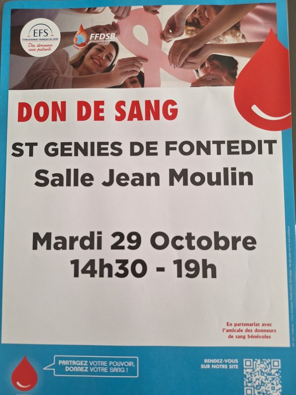 En OCTOBRE, Tous SOLIDAIRES ! Collecte de sang le 29 octobre à Saint Geniès de Fontedit de 14h30 à 19h00