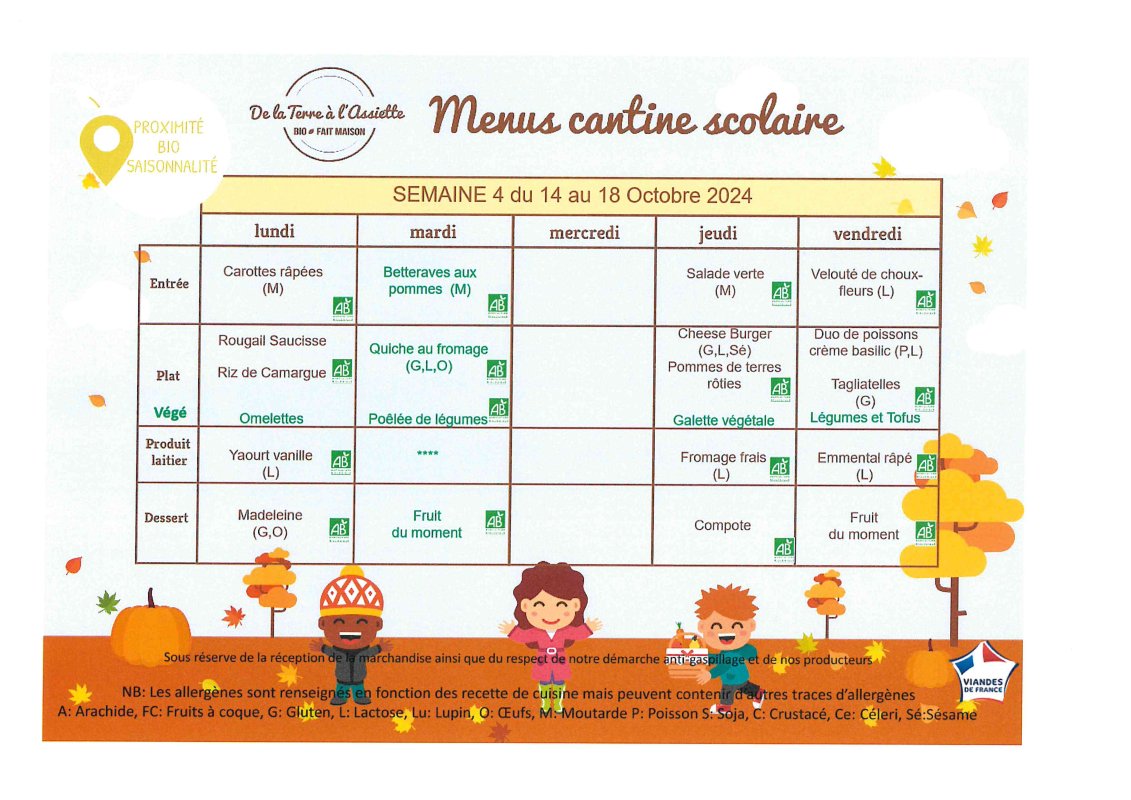 Menus restauration scolaire du 14 au 18 Octobre 2024