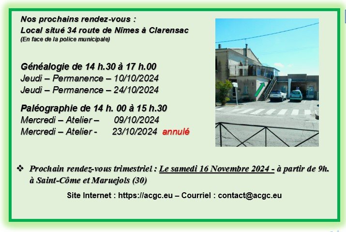 Calendrier d'octobre 2024 - Association A.C.G.C. Clarensac