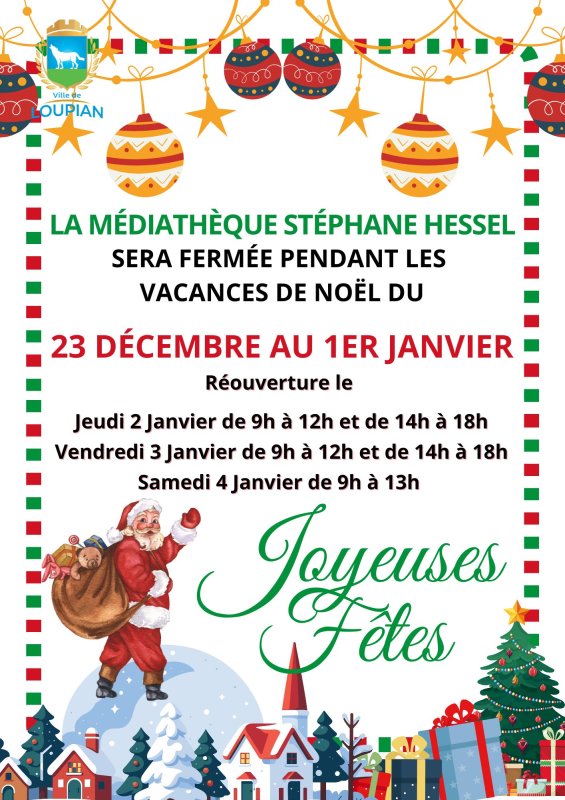 La médiathèque fermera ses portes pour les fêtes de fin d'année du 23 Décembre 2024 au 1er Janvier 2025 inclus. Bonnes fêtes de fin d'année à tous nos lecteurs ! 🎄​🎅🏻​🌟