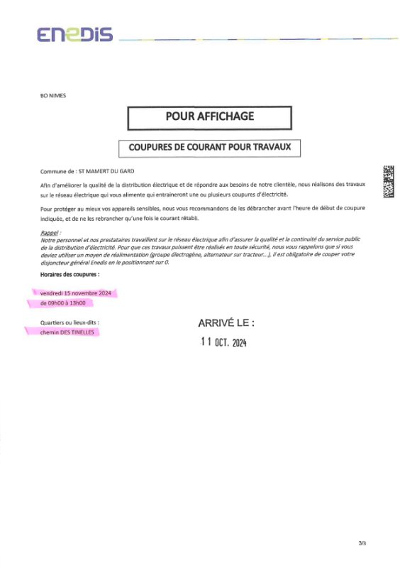 Coupure courant le 15/11/2024 - 9h/13h - Chemin des Tinelles