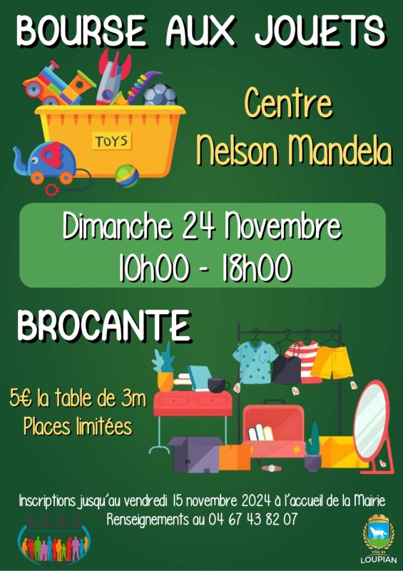 Le CCAS de la commune organise une bourse aux jouets le dimanche 24 Novembre de 10h à 18h.